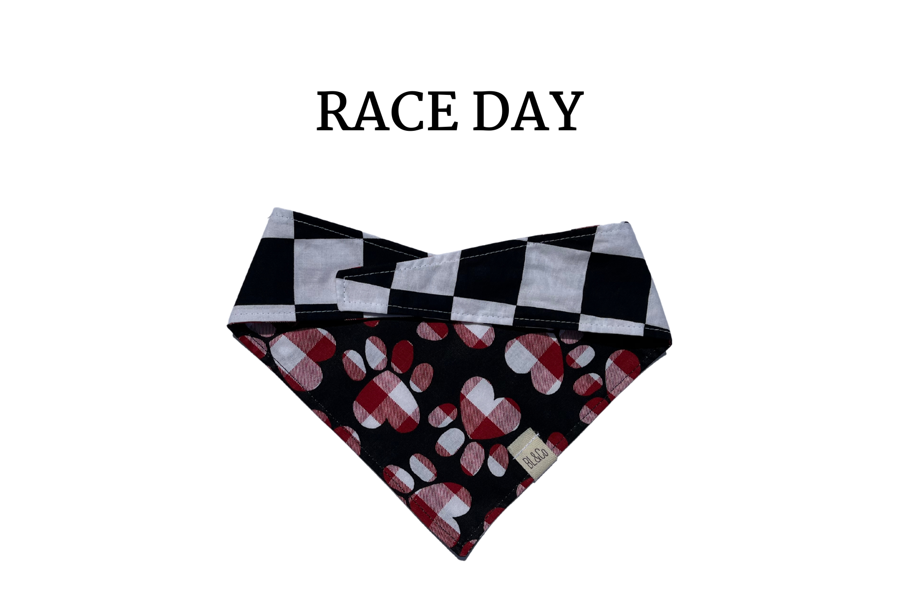 Black & White Checks + Checkered Paw Prints Reversible Tie/On Bandana