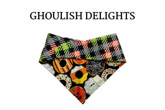 Ghoulish Halloween Donuts and Neon Plaid Reversible Tie/On Bandana