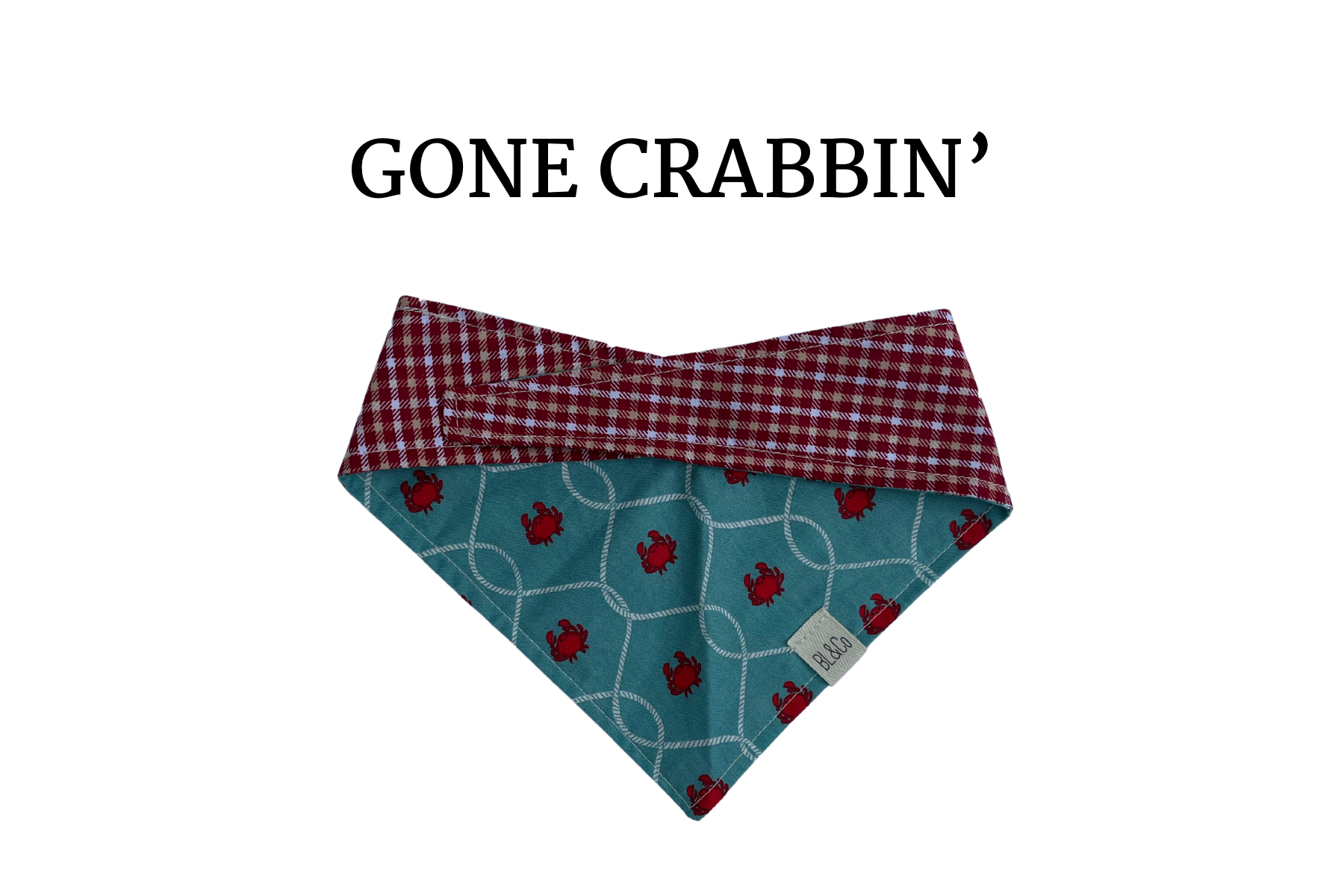 Crabs + Red, White Plaid Reversible Tie/On Bandana ‘