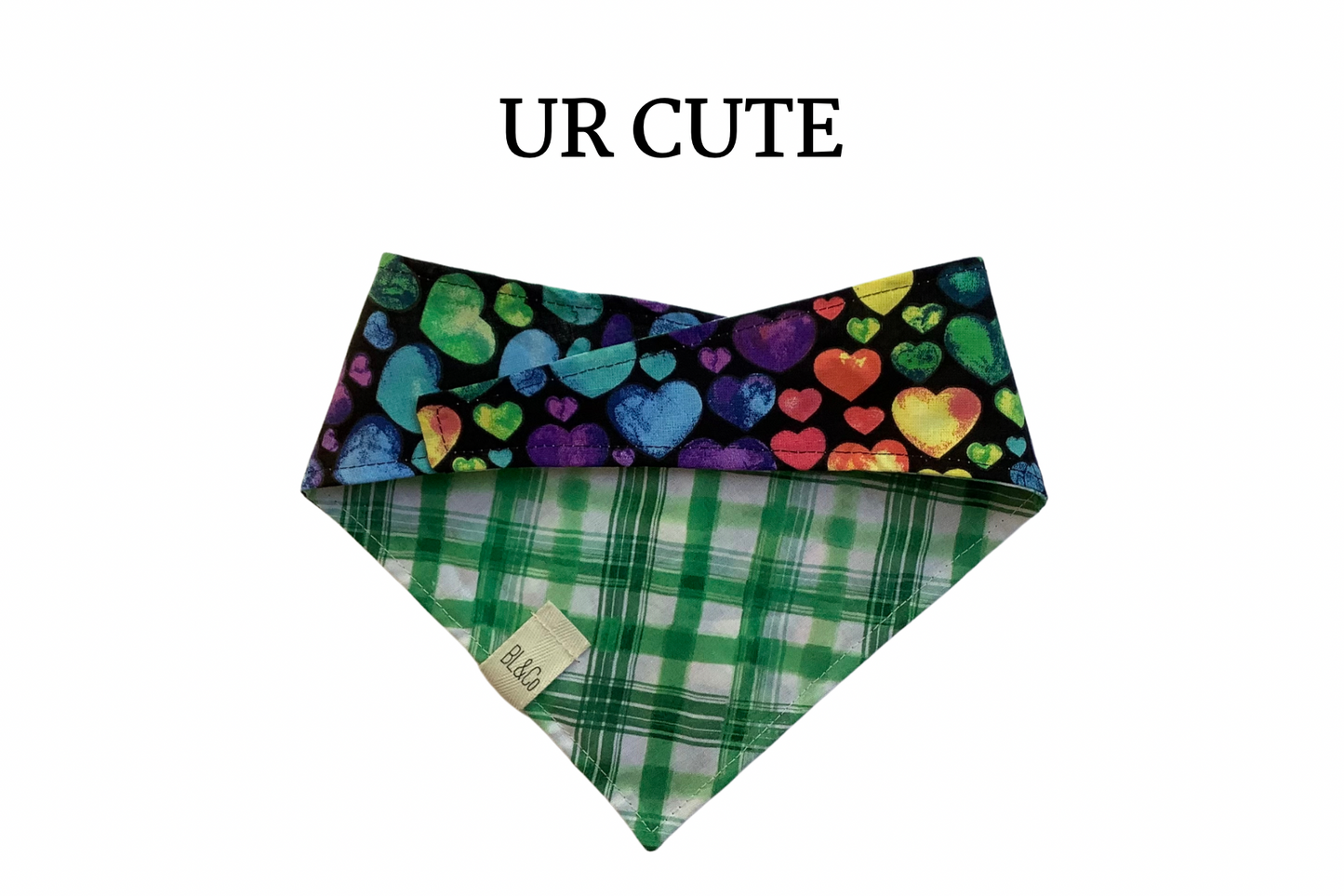Colorful Hearts & Green with White Plaid Reversible Tie/On Bandana