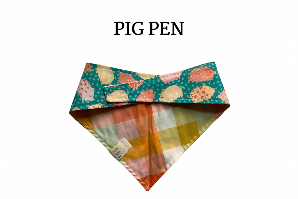 Patterned Pigs & Coral Check Reversible Tie/On Bandana ‘