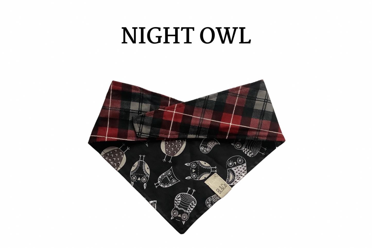 Midnight Owls & Red Black Plaid Reversible Tie/On Bandana