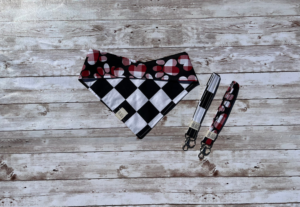 Black & White Checks + Checkered Paw Prints Reversible Tie/On Bandana