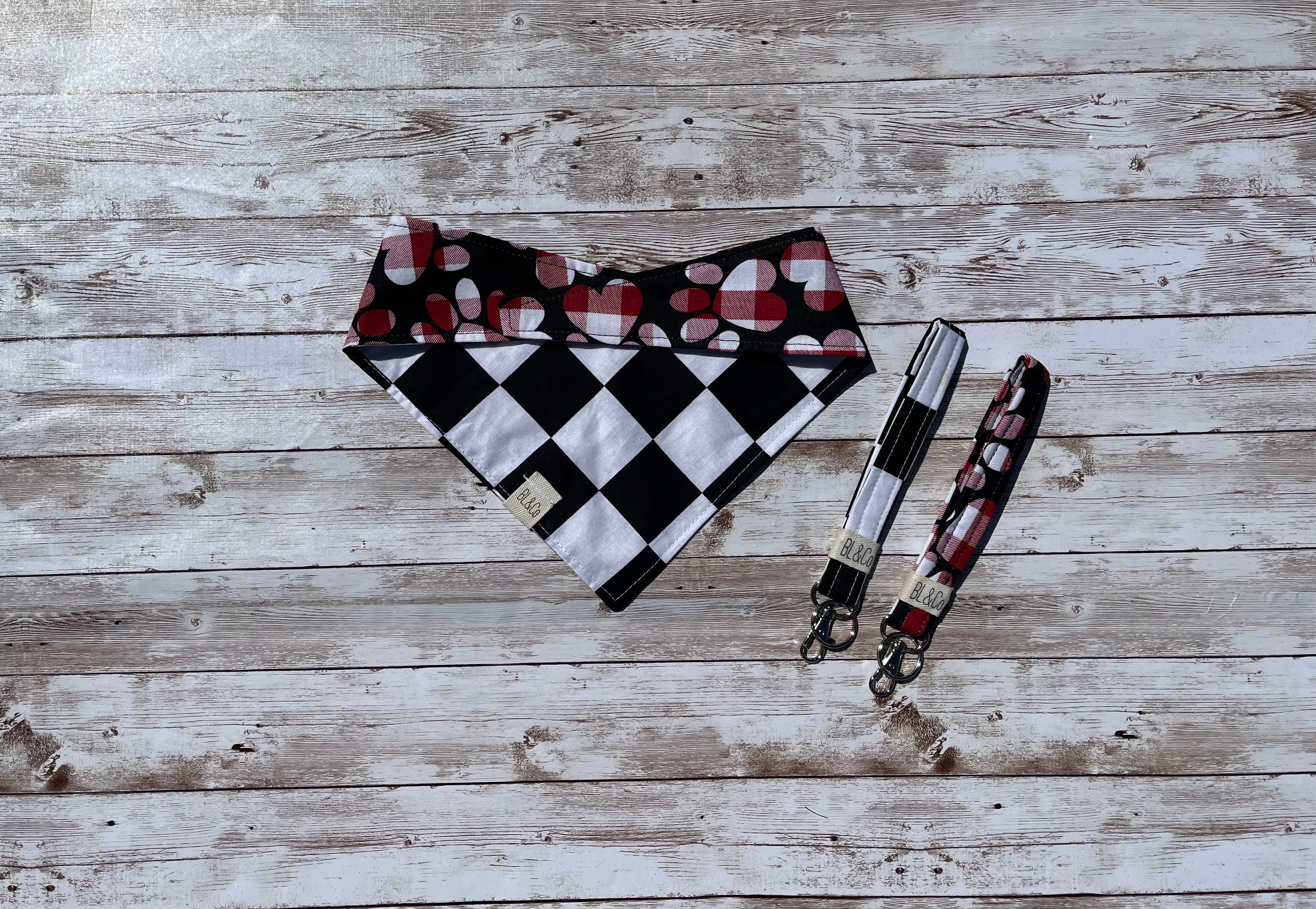 Black & White Checks + Checkered Paw Prints Reversible Tie/On Bandana