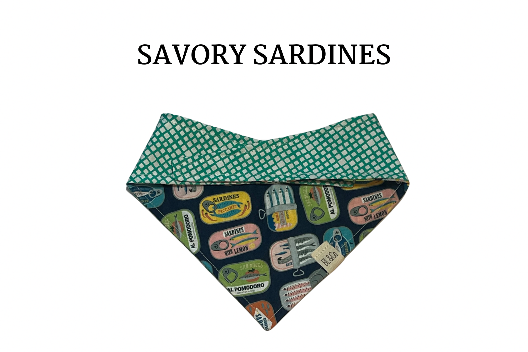 Colorful Sardine Cans + Green Sketched Lines Reversible Tie/On Bandana [Savory Sardines]