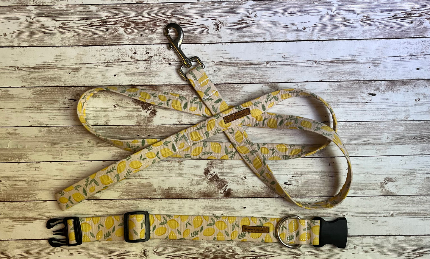 Neutral Lemon Dog Collar with matching leash + key fob add-ons