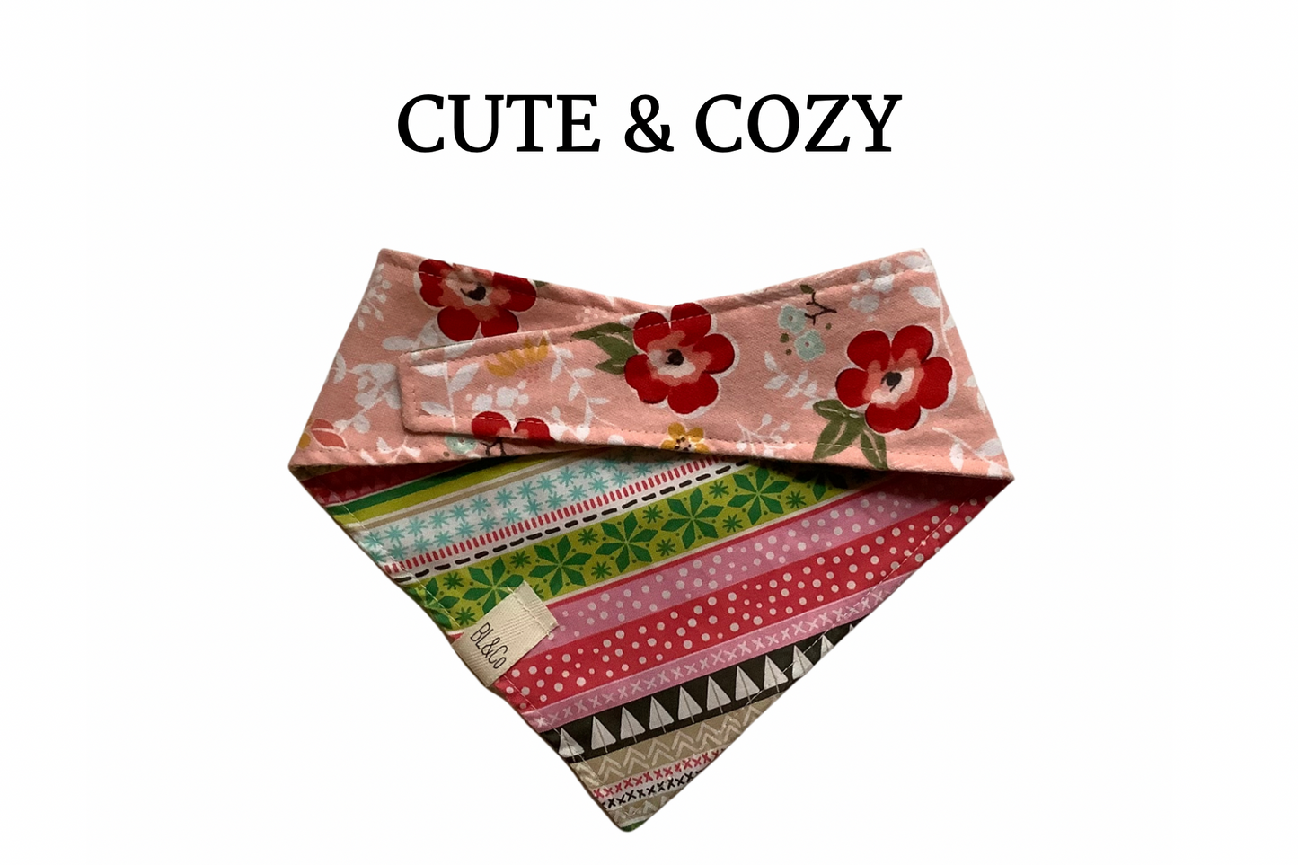 Pink Christmas Pattern & Red Flowers Reversible Tie/On Bandana