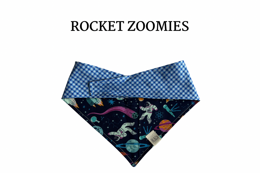 Space Icons + Blue Check Reversible Tie/On Bandana [Rocket Zoomies]