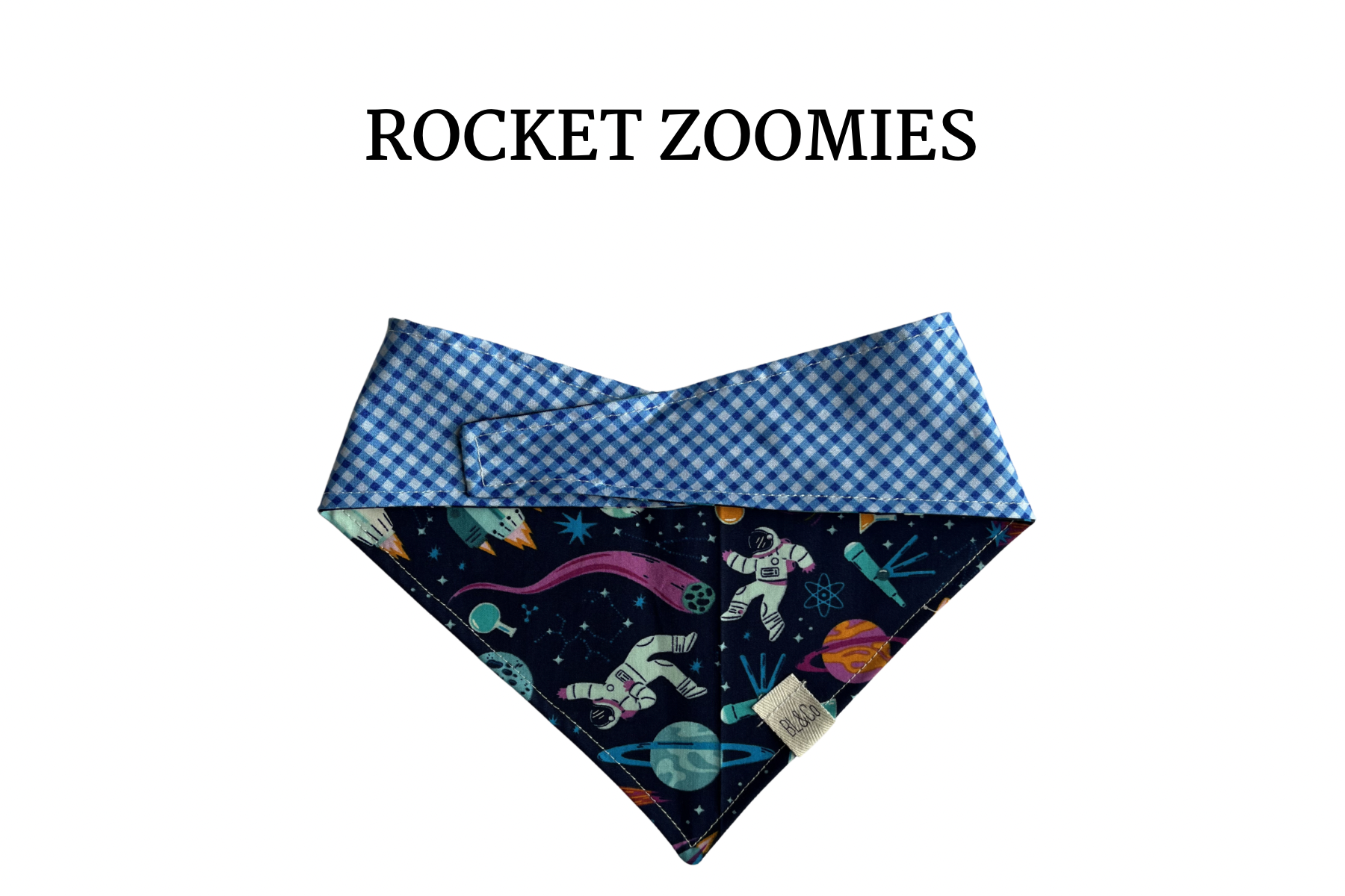 Space Icons + Blue Check Reversible Tie/On Bandana [Rocket Zoomies]