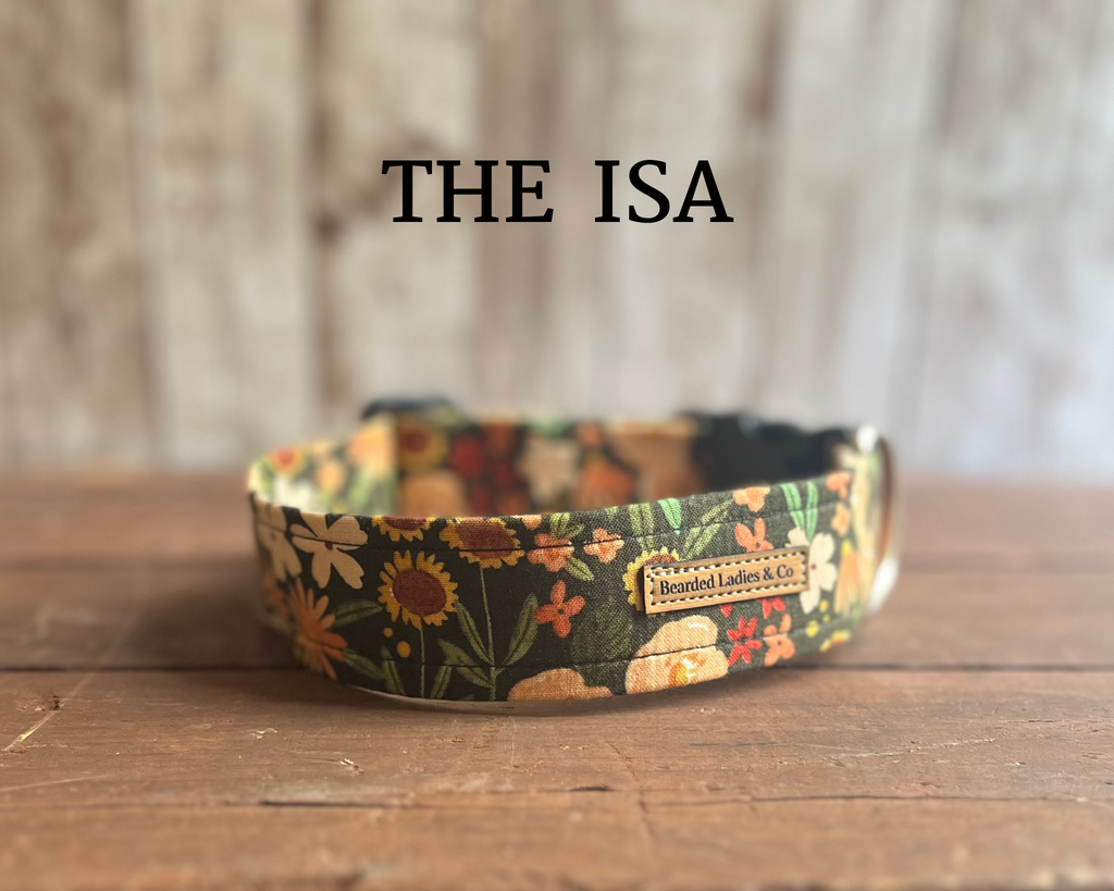 Peach Flowers & Sunflowers on Olive Dog Collar [The Isa]