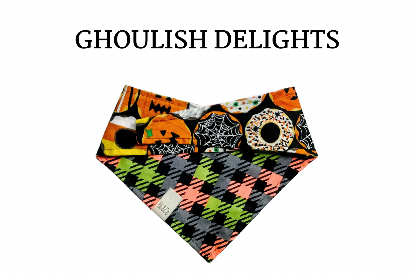 Ghoulish Halloween Inspired Donuts and Neon Plaid Reversible Tie/On Bandana