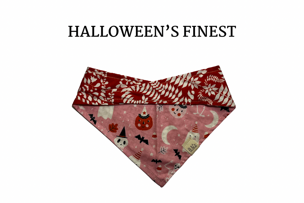 Jack-o-lanterns , Ghosts and Skeletons + White Damask on Orange Reversible Tie/On Bandana