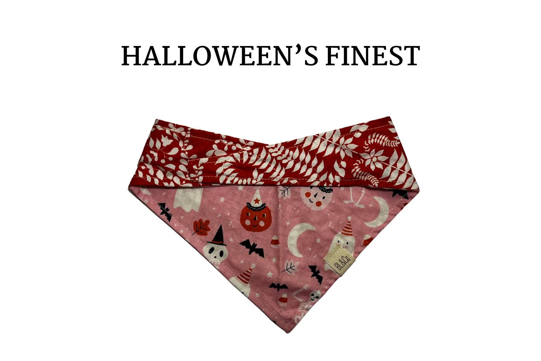 Jack-o-lanterns , Ghosts and Skeletons + White Damask on Orange Reversible Tie/On Bandana