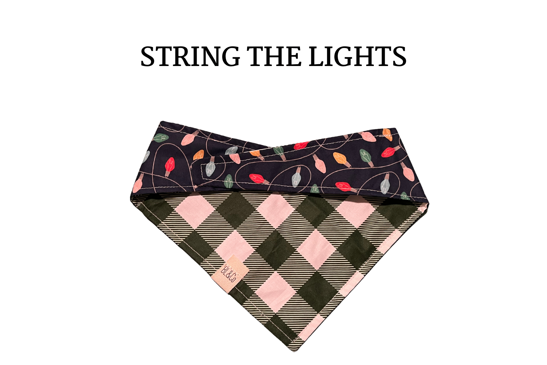 Strung Christmas Lights + Forest Green Plaid Reversible Tie/On Bandana
