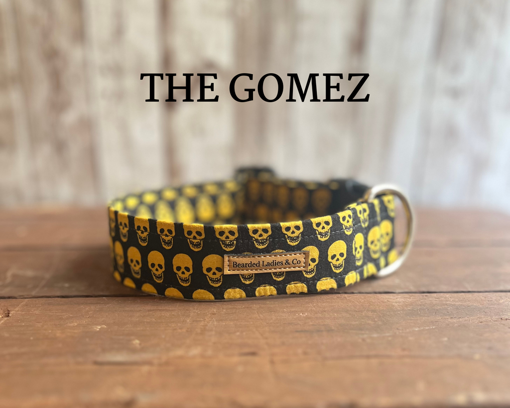 Dark Yellow Skulls on Black Dog Collar