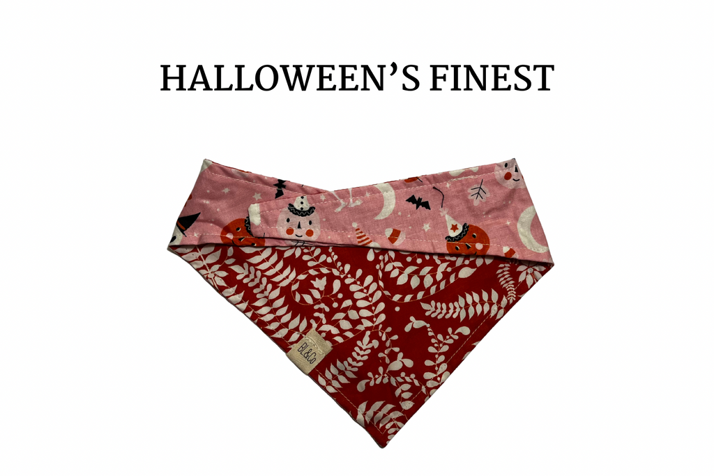Jack-o-lanterns , Ghosts and Skeletons + White Damask on Orange Reversible Tie/On Bandana