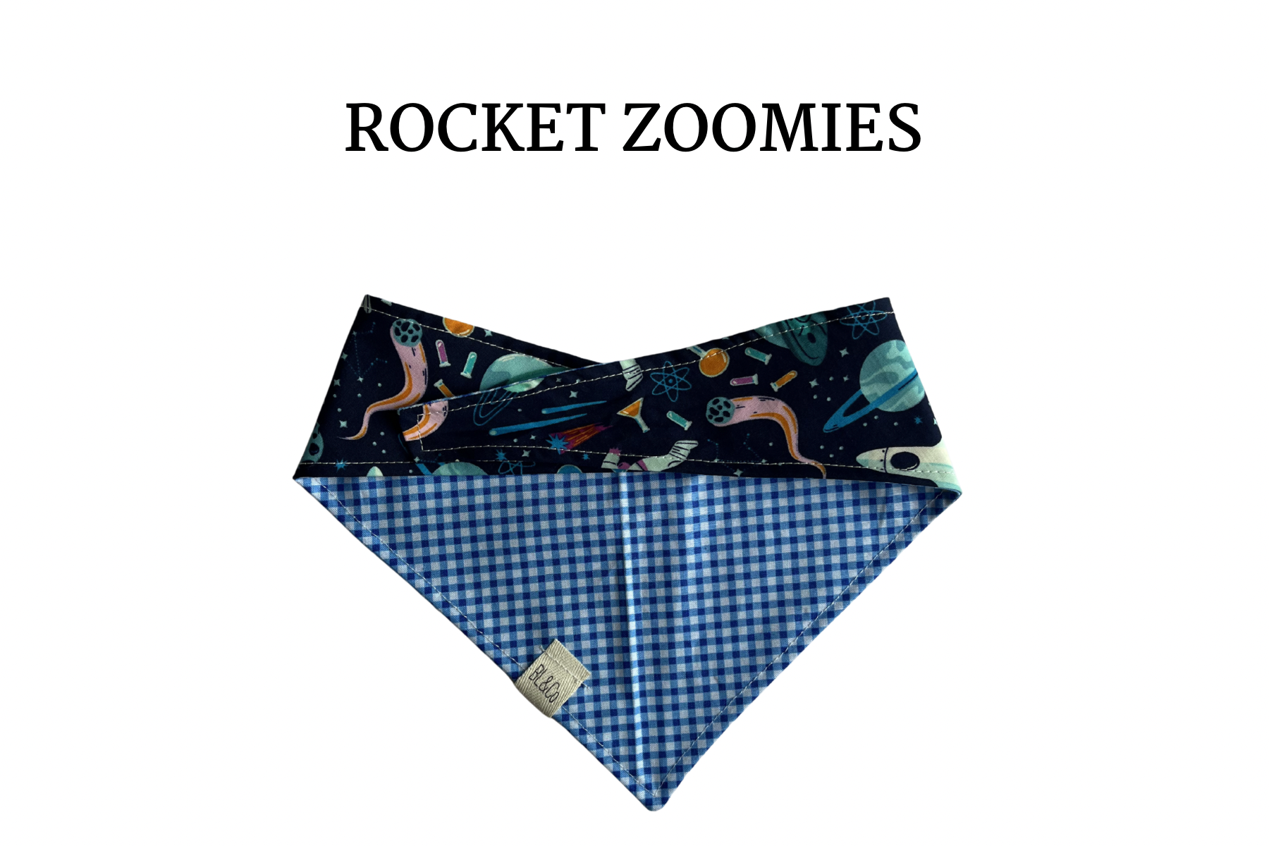 Space Icons + Blue Check Reversible Tie/On Bandana [Rocket Zoomies]