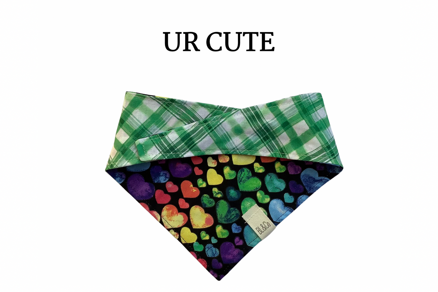 Colorful Hearts & Green with White Plaid Reversible Tie/On Bandana