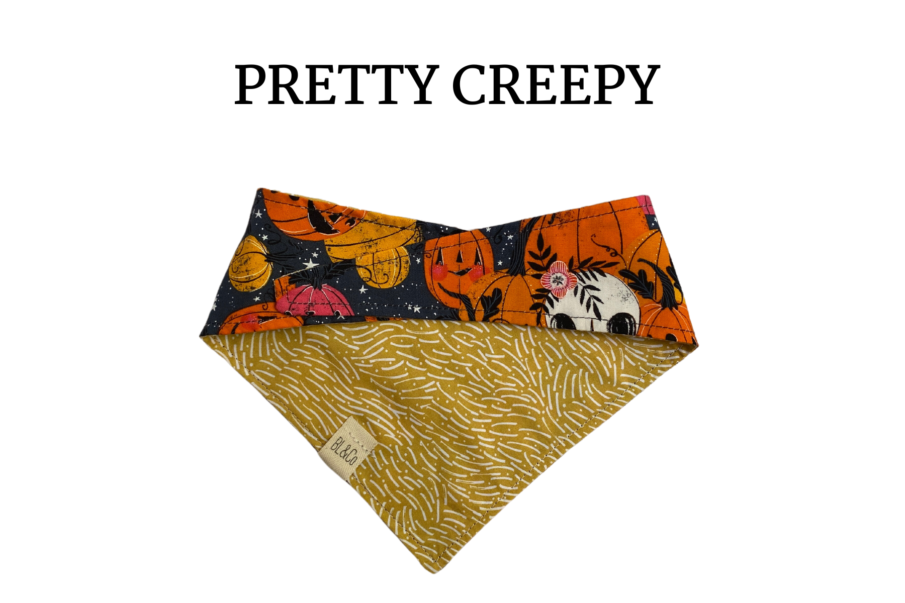Skulls in Colorful Jack-o-lanterns + White Lines on Yellow Reversible Tie/On Bandana