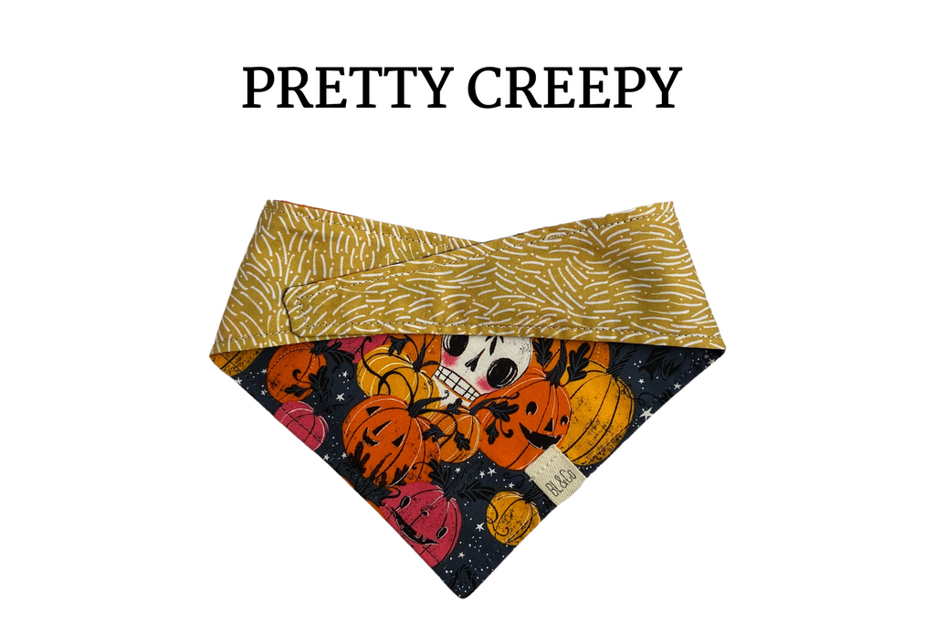 Skulls in Colorful Jack-o-lanterns + White Lines on Yellow Reversible Tie/On Bandana