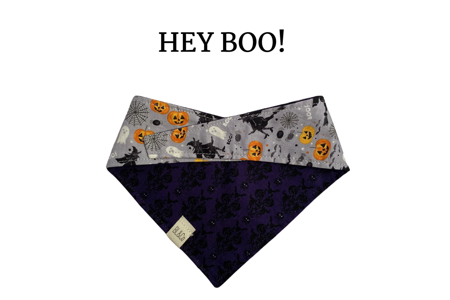 Spooky Witches, Pumpkins & Ghosts + Black Damask Reversible Tie/On Bandana