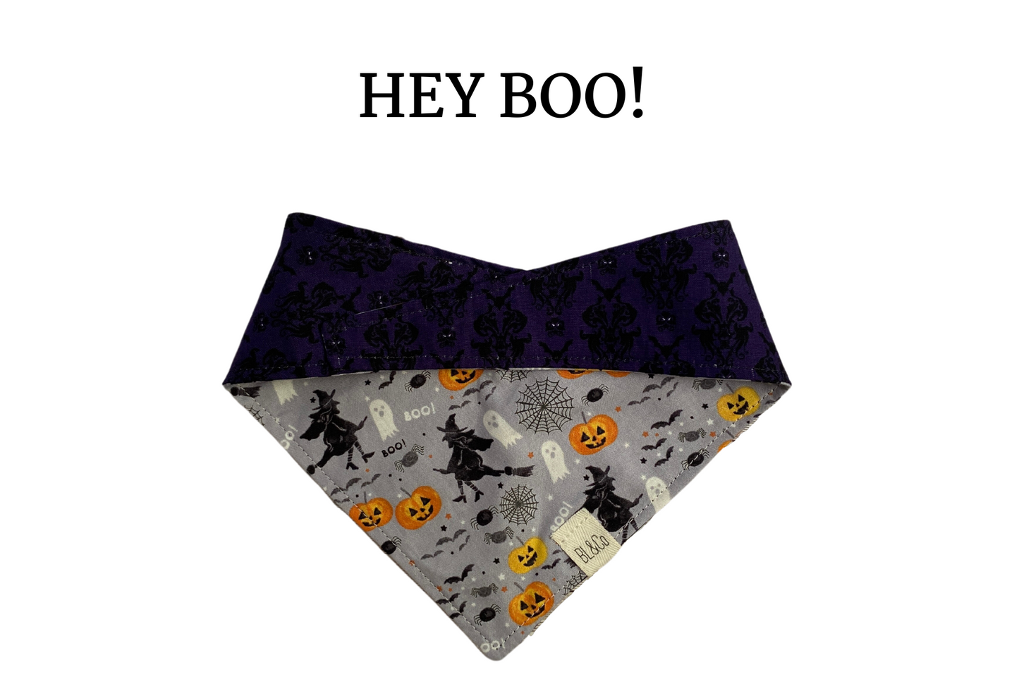 Spooky Witches, Pumpkins & Ghosts + Black Damask Reversible Tie/On Bandana
