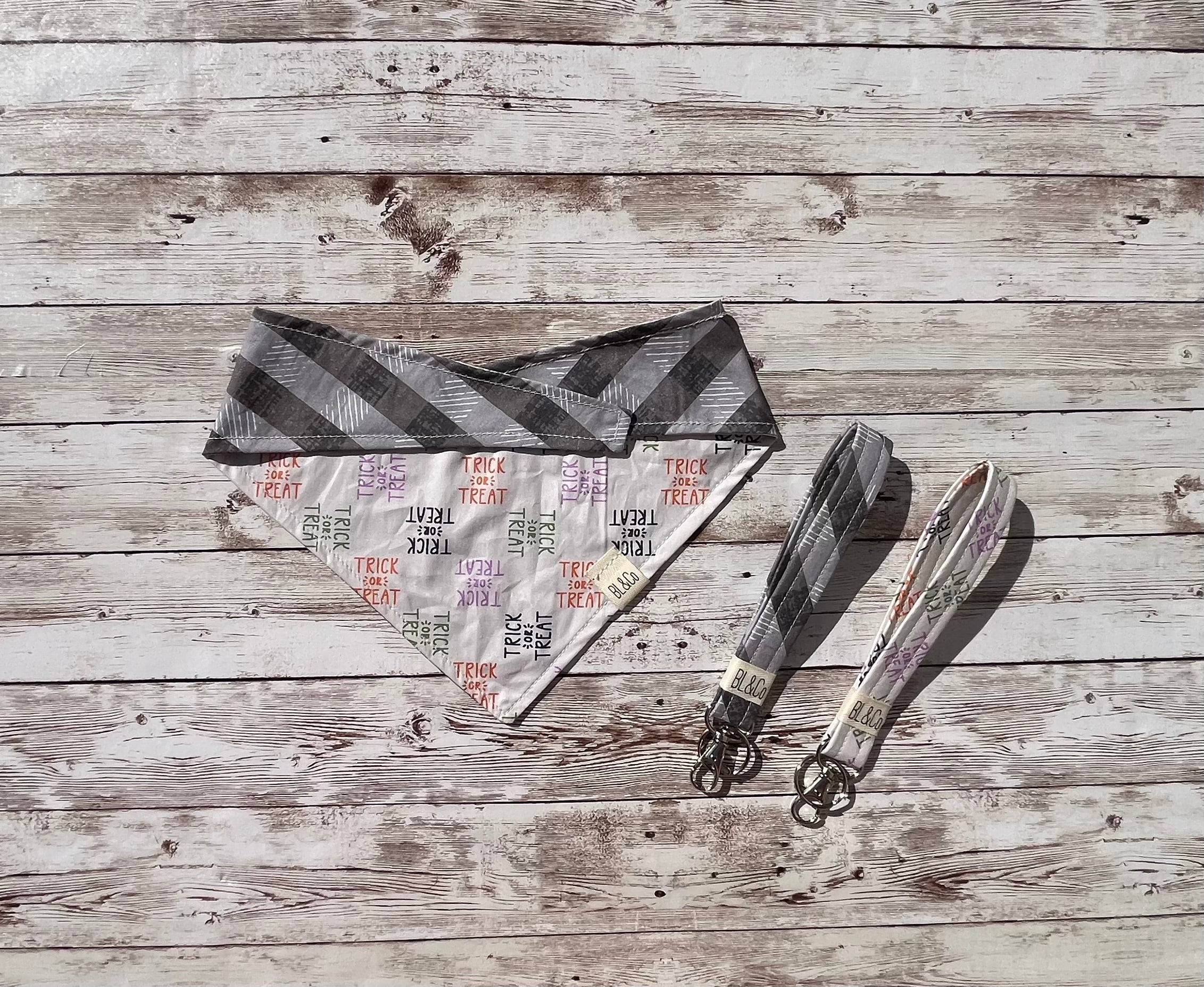 Trick or Treat Saying + Gray Plaid Reversible Tie/On Bandana