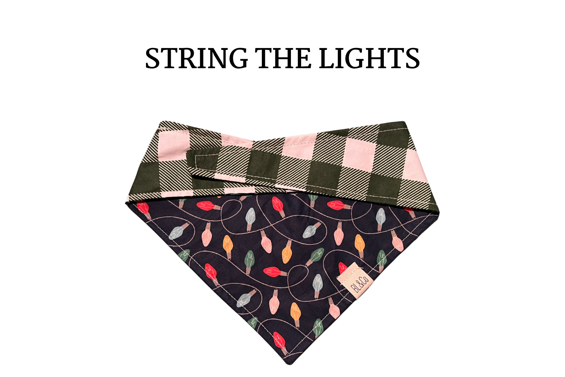 Strung Christmas Lights + Forest Green Plaid Reversible Tie/On Bandana