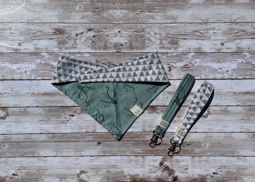 Swimming Octopuses + Blue Triangles Reversible Tie/On Bandana