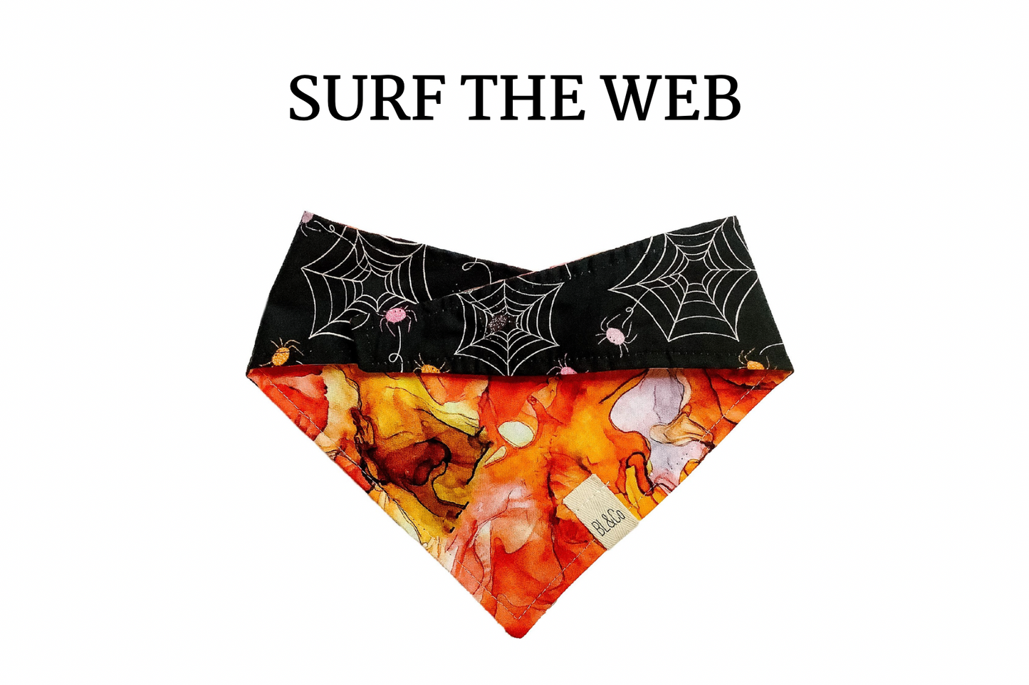Webs & Spider on Black and Vibrant Orange Swirl Reversible Tie/On Bandana