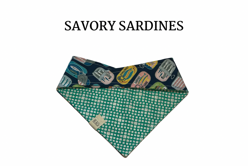 Colorful Sardine Cans + Green Sketched Lines Reversible Tie/On Bandana [Savory Sardines]