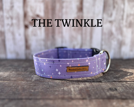 Pastel Purple + White Twinkles Dog Collar with matching leash + key fob add-ons