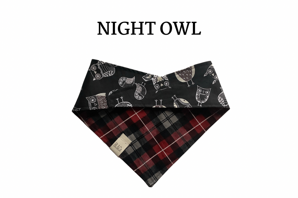 Midnight Owls & Red Black Plaid Reversible Tie/On Bandana