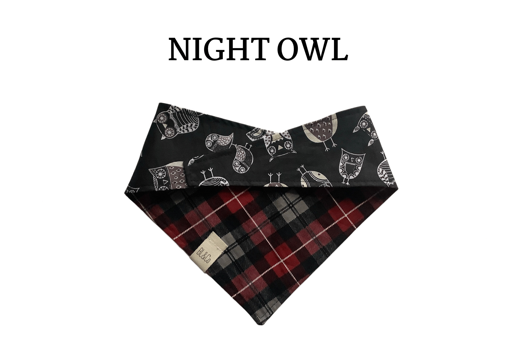 Midnight Owls & Red Black Plaid Reversible Tie/On Bandana