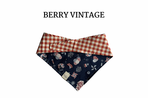 Berry Check + Red, White and Blue Icons Reversible Tie/On Bandana [Berry Vintage]