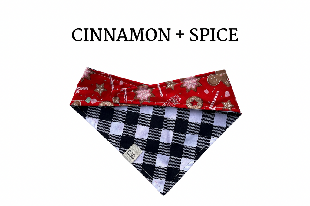 Gingerbread Cookies and Candy Canes + Black and White Check Reversible Tie/On Bandana with matching key fob add-on