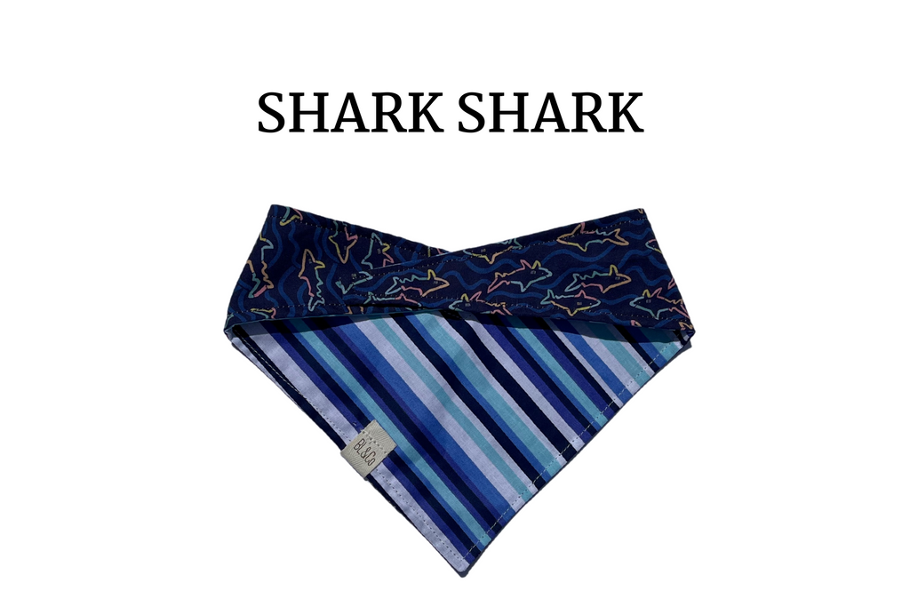 Colorful Sharks + Blue, Teal & White Stripes Reversible Tie/On Bandana