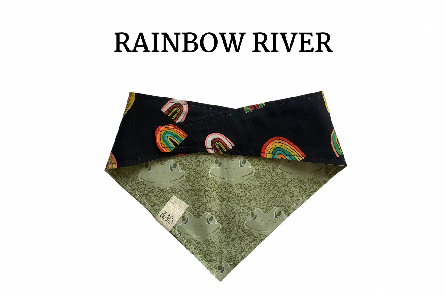 Rainbows on Black & Green Frogs Reversible Tie/On Bandana