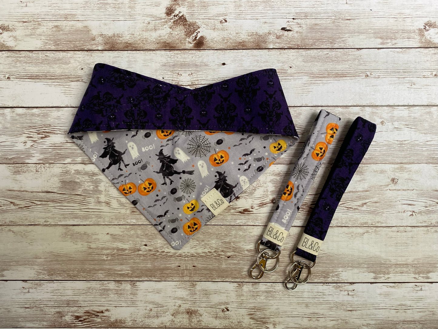 Spooky Witches, Pumpkins & Ghosts + Black Damask Reversible Tie/On Bandana