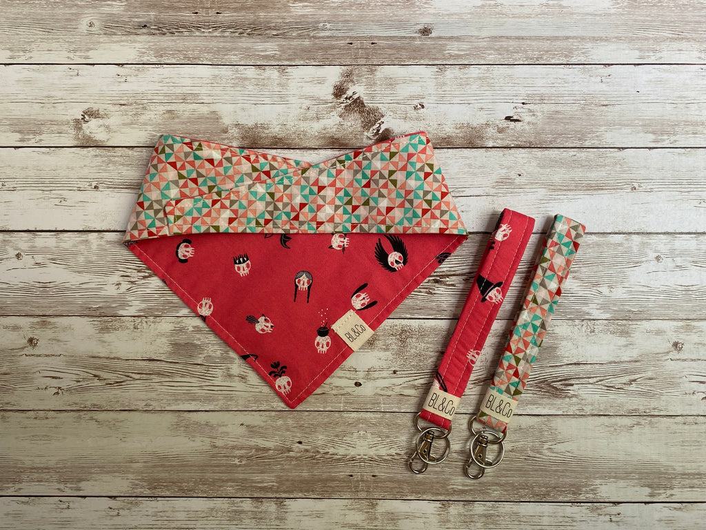 Vibrant Pink with Skulls + Tan, Teal & Pink Geo Reversible Tie/On Bandana*