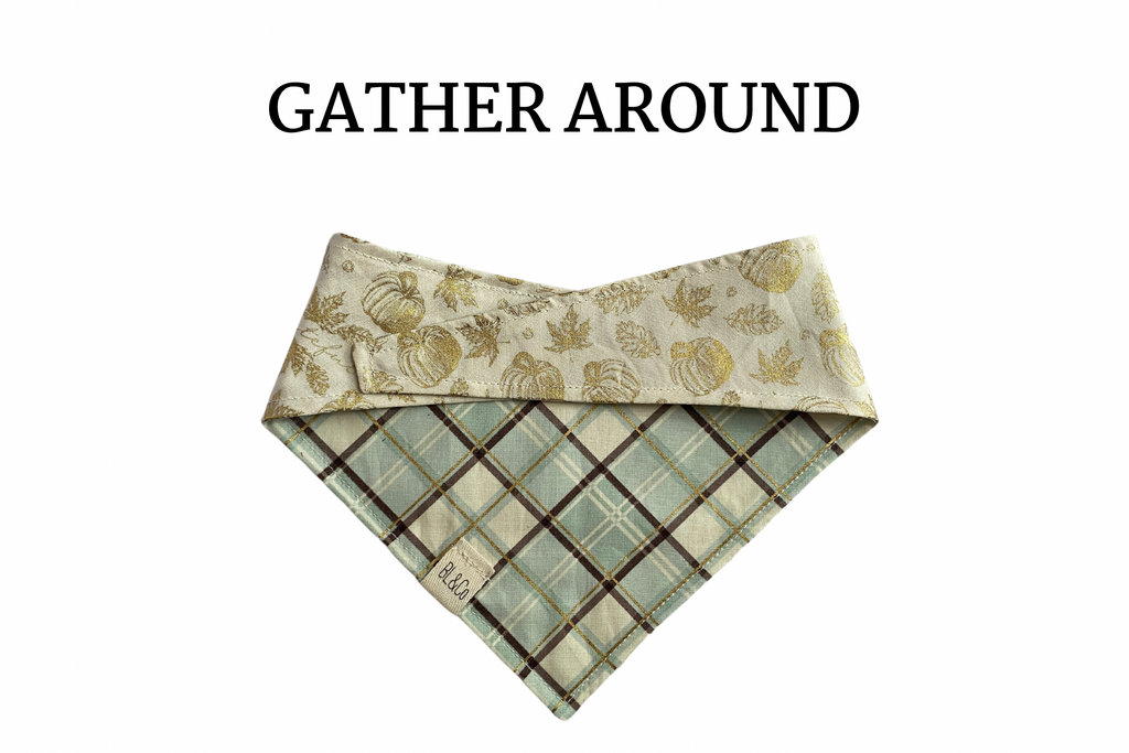 Gold Pumpkins, Leaves & Scripted “Grateful” + Light Blue, Brown & Gold Plaid Reversible Tie/On Bandana