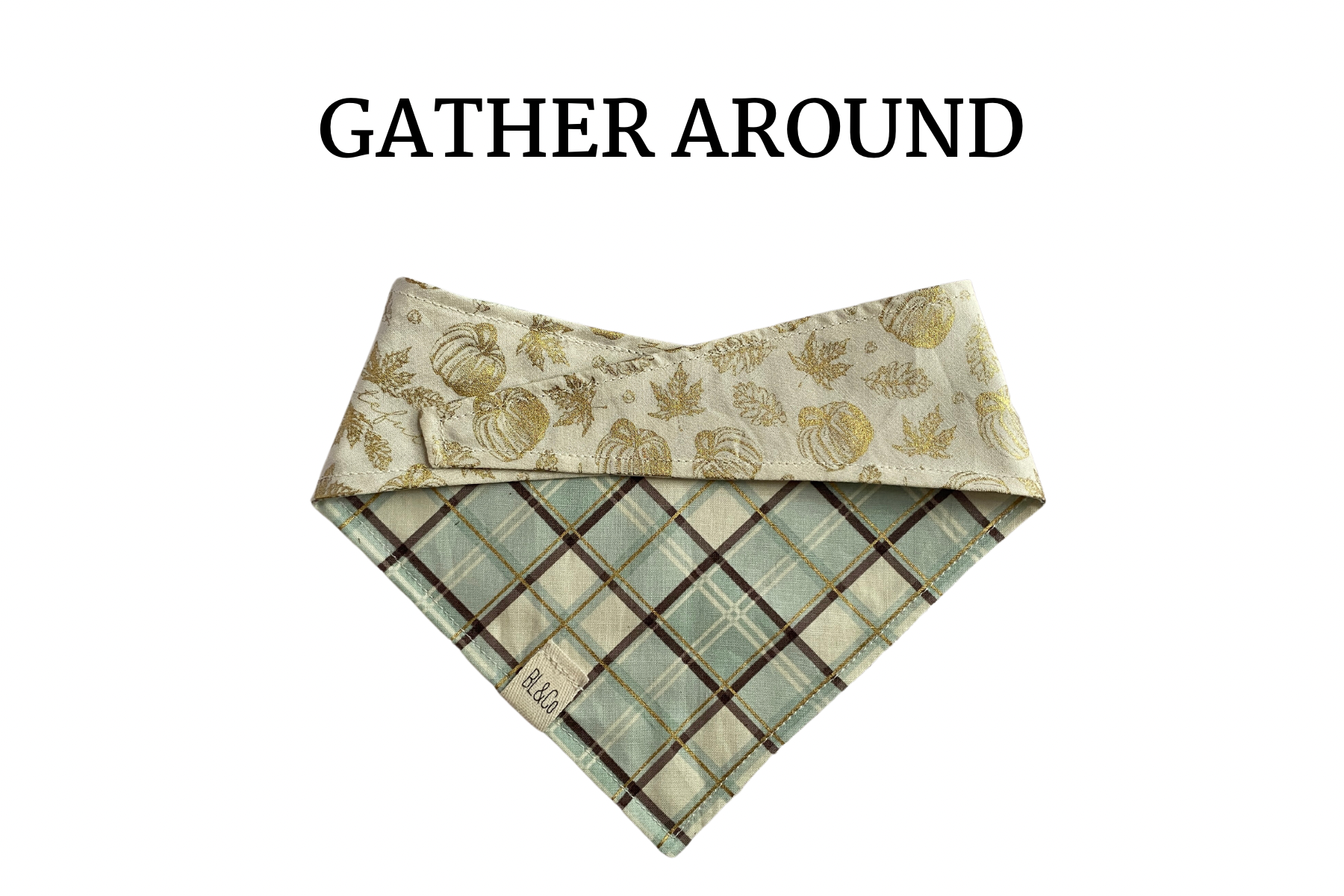 Gold Pumpkins, Leaves & Scripted “Grateful” + Light Blue, Brown & Gold Plaid Reversible Tie/On Bandana