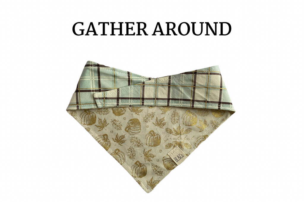 Gold Pumpkins, Leaves & Scripted “Grateful” + Light Blue, Brown & Gold Plaid Reversible Tie/On Bandana