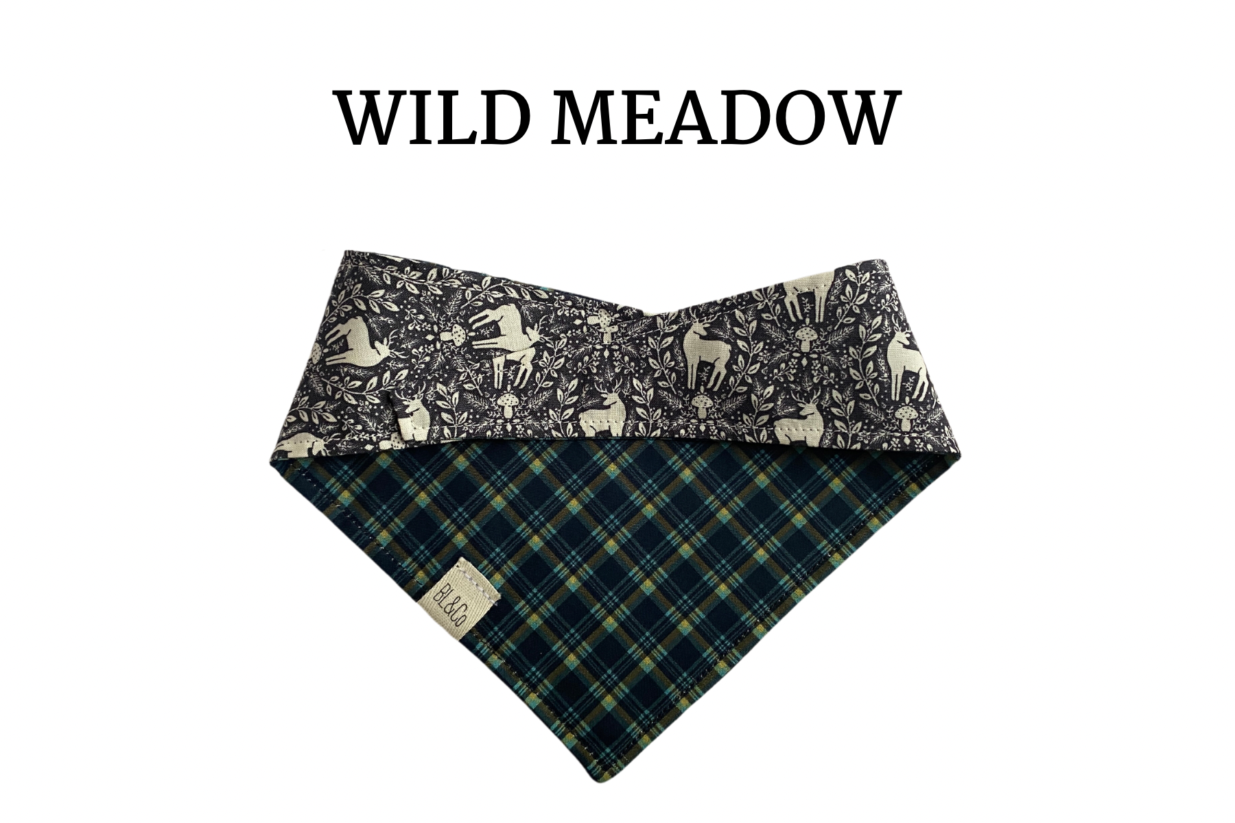 Boho Deer + Navy, Green Plaid Reversible Tie/On Bandana
