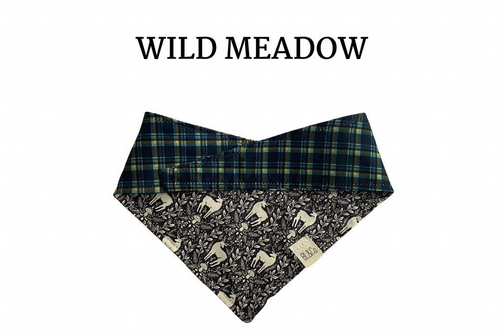 Boho Deer + Navy, Green Plaid Reversible Tie/On Bandana