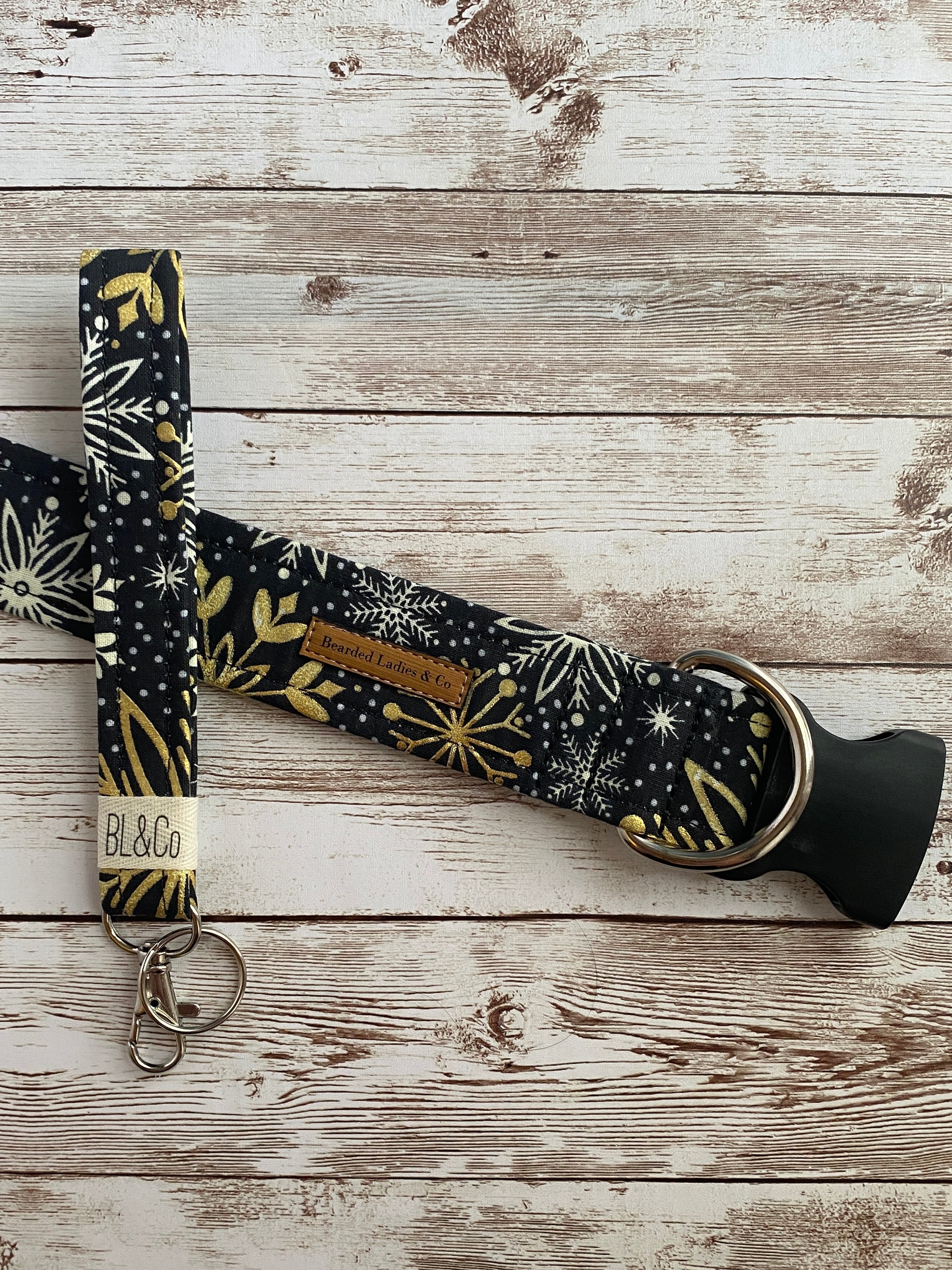 - Gold Metallic + White Snowflakes Dog Collar