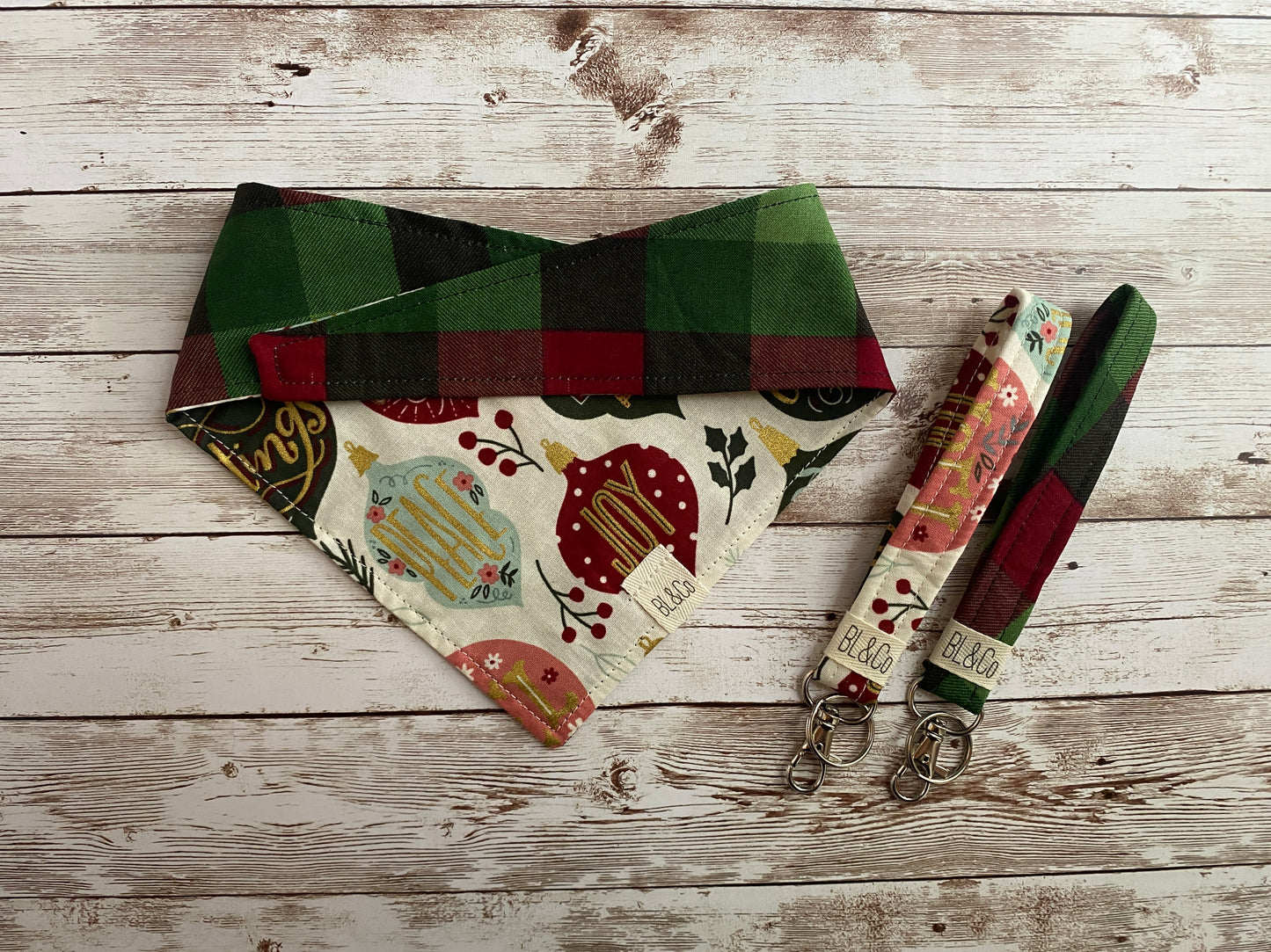 Large Gold Trimmed Ornaments + Burgundy & Green Check Reversible Tie/On Bandana