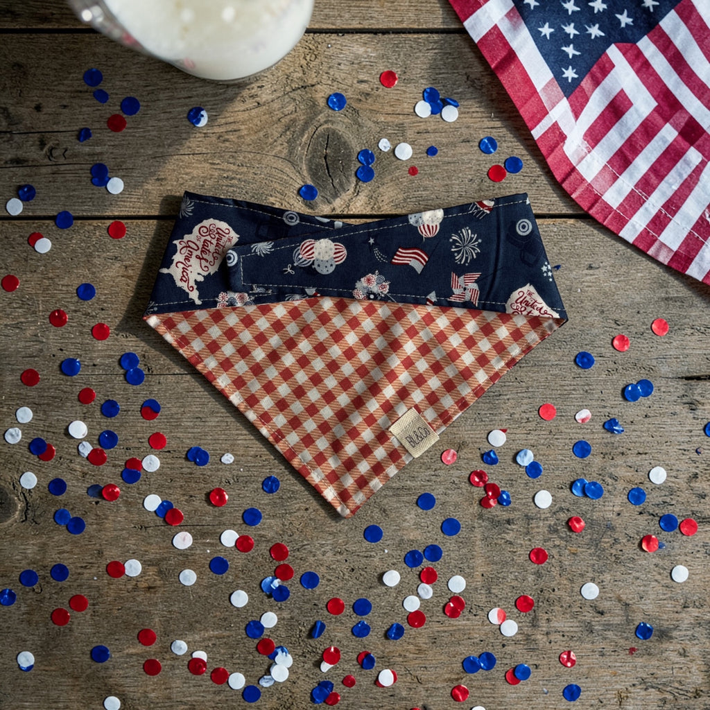 Berry Check + Red, White and Blue Icons Reversible Tie/On Bandana [Berry Vintage]