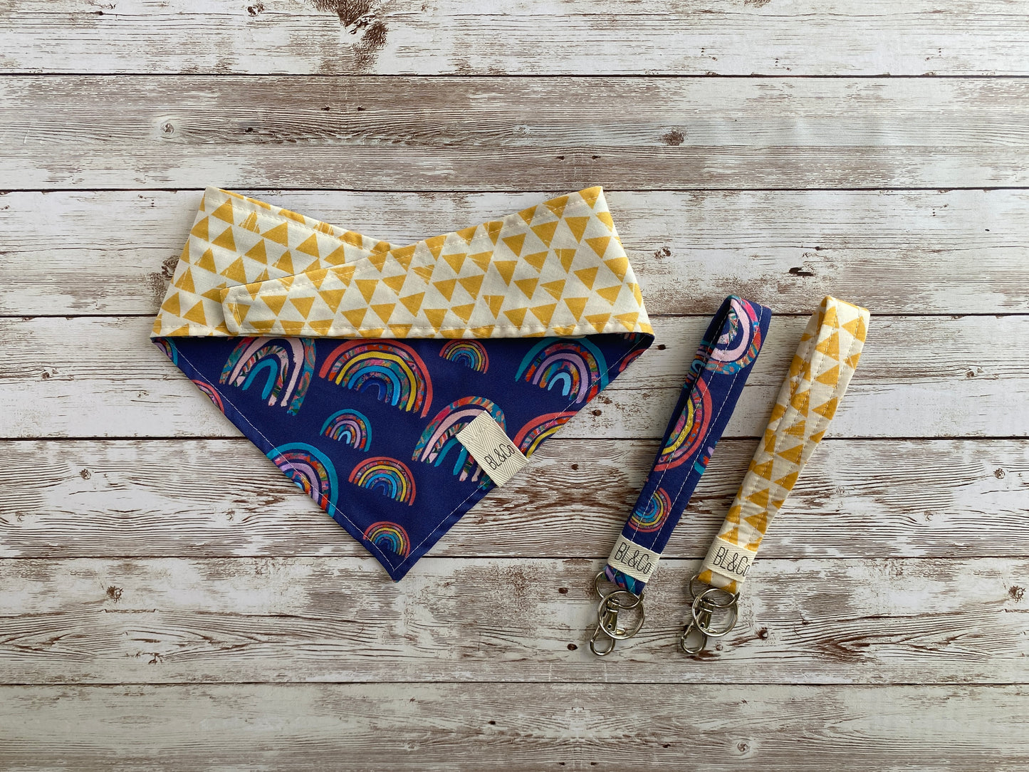 Rainbows & Cream with Yellow Triangles Reversible Tie/On Bandana