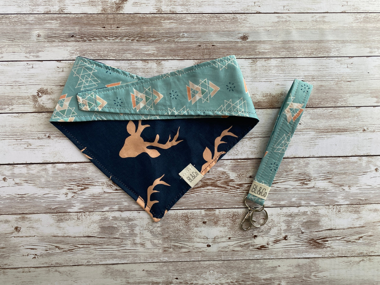 Pink Stag Silhouette on Navy & Geometric Triangles on Teal Tie/On Bandana